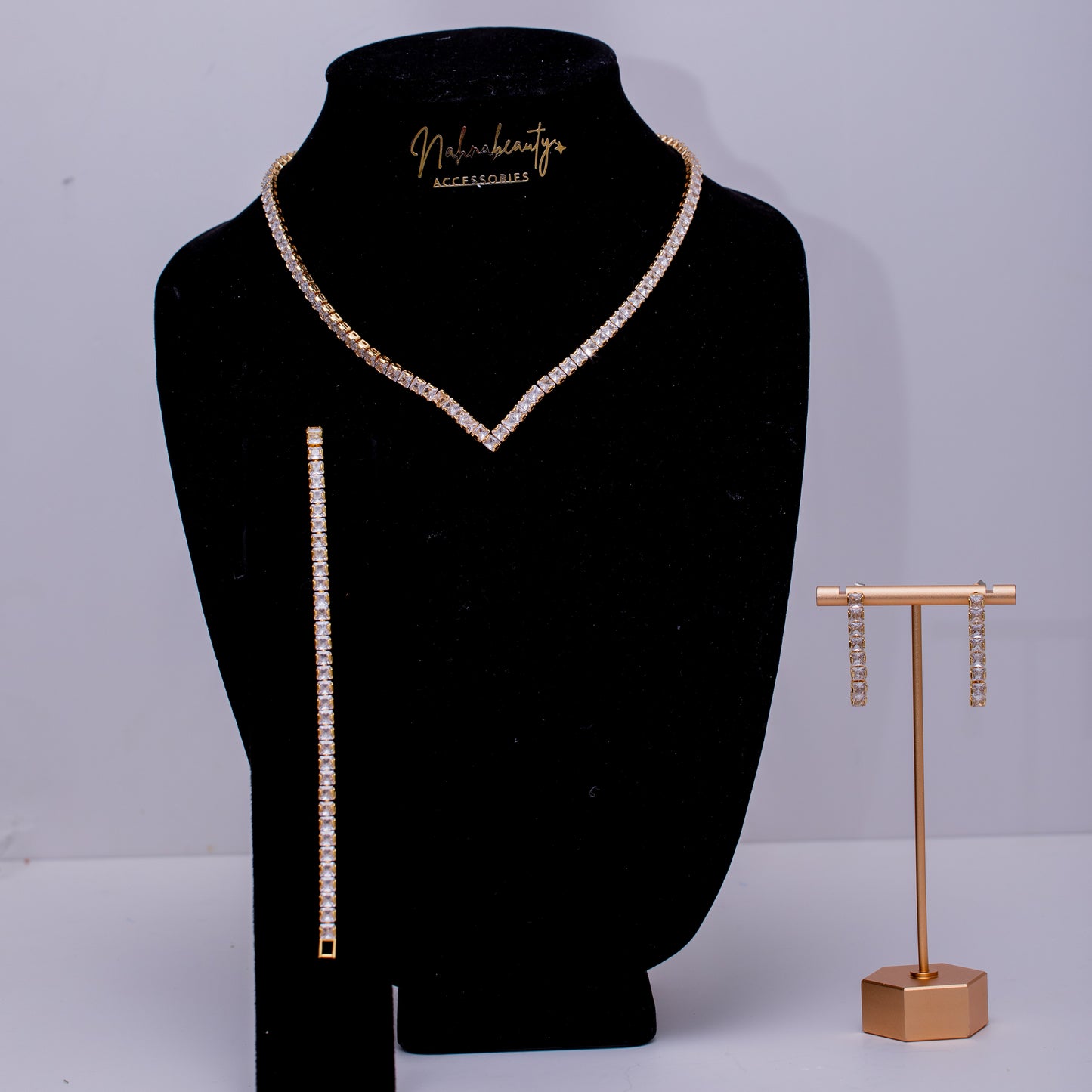 Evana 3 pcs Dainty Cubic Zirconia stones Bridal neckpiece, bracelet and earring set