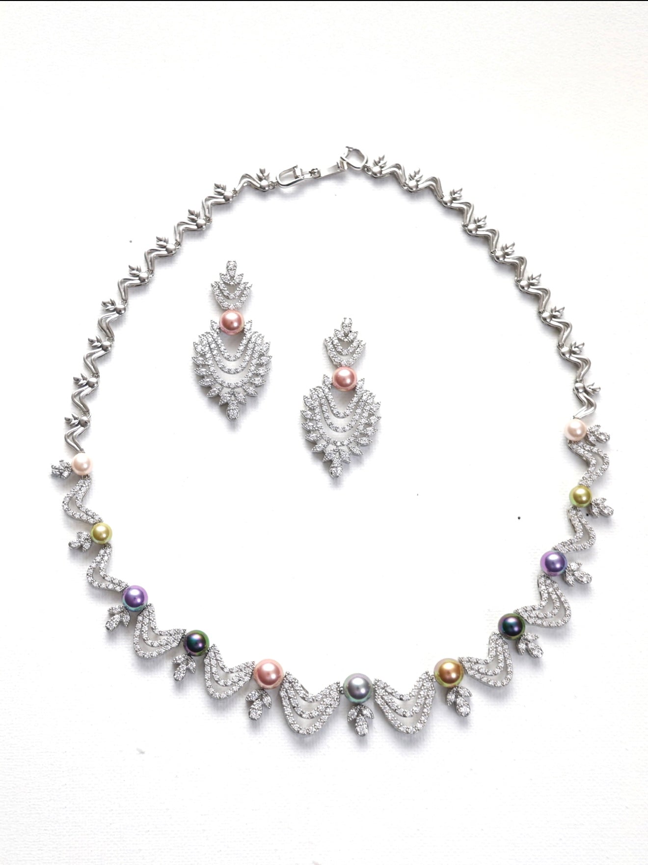 The ELISĚ Necklace  and Earrings Multicolor pearl and Cz Set
