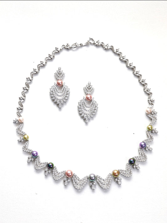 The ELISĚ Necklace  and Earrings Multicolor pearl and Cz Set