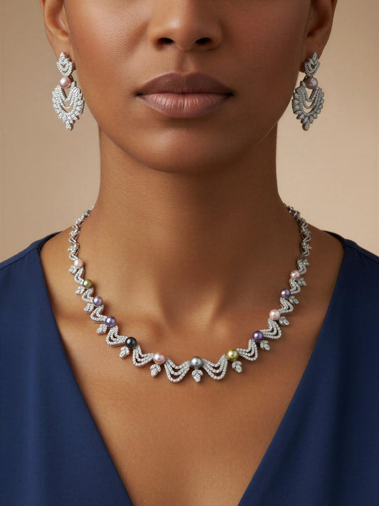 The ELISĚ Necklace  and Earrings Multicolor pearl and Cz Set