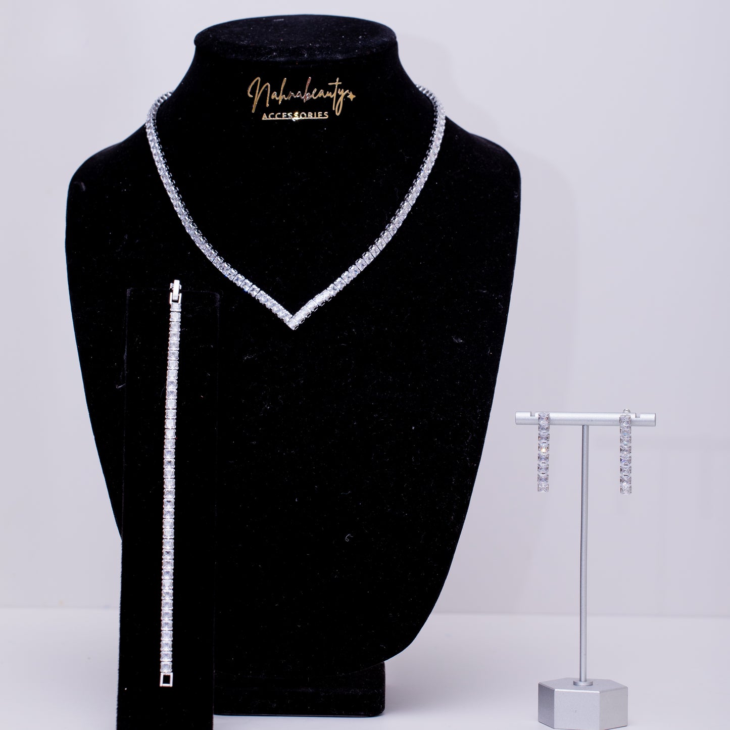 Evana 3 pcs Dainty Cubic Zirconia stones Bridal neckpiece, bracelet  and earring  set