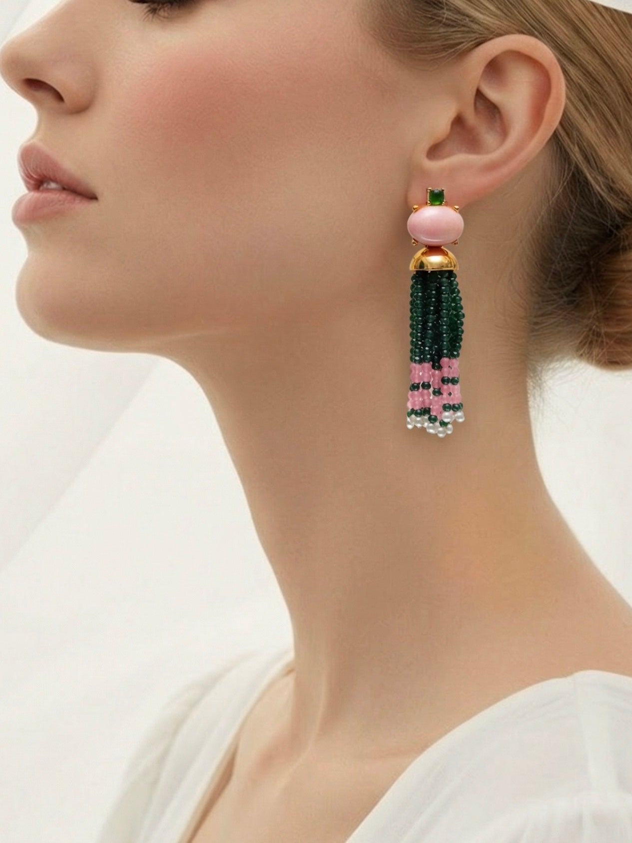 The SALLY Emerald Blush Beaded Tassel Earrings