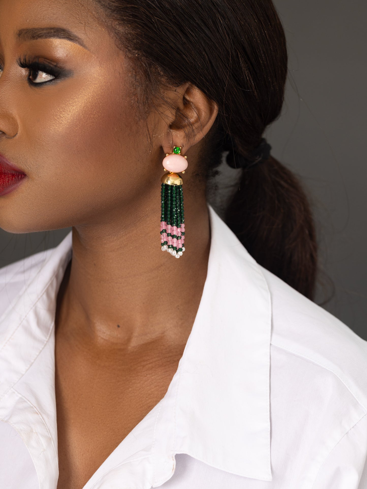 The SALLY Emerald Blush Beaded Tassel Earrings
