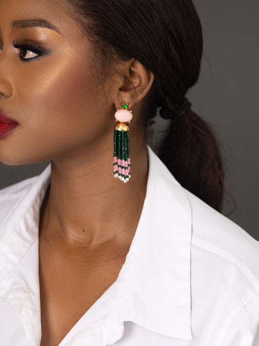 The SALLY Emerald Blush Beaded Tassel Earrings